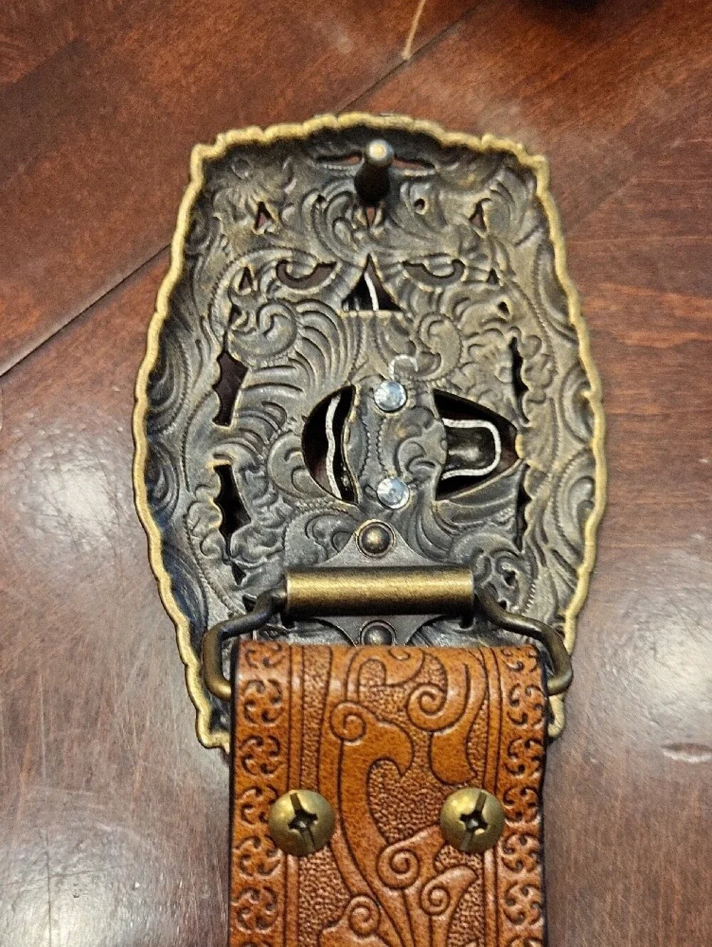 Tan Bonded Leather Belt with Ornate Silver-Tone Longhorn Buckle, Sz 34